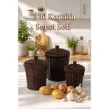 Porsima Pbt-439-1 3lü Hasır Sepet Kapaklı Bambu Sepet seti Dekoratif Banyo Mutfak Düzenleyici Organizeri