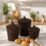 Porsima Pbt-439-1 3lü Hasır Sepet Kapaklı Bambu Sepet seti Dekoratif Banyo Mutfak Düzenleyici Organizeri