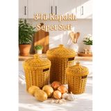 Porsima Pbt-439-2 3lü Hasır Sepet Kapaklı Bambu Sepet seti Dekoratif Banyo Mutfak Düzenleyici Organizeri