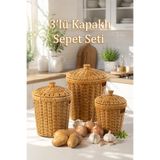 Porsima Pbt-439 3lü Hasır Sepet Kapaklı Bambu Sepet seti Dekoratif Banyo Mutfak Düzenleyici Organizeri