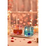 Porsima PBT-707 Dream Love Hearts - 400ML Romantik Kalp Tasarımlı 2'li Renkli Borosilikat Cam Kupa Seti - Kırmızı - Lacivert
