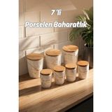 Porsima PXM2673-7/S Marble 7 Parça Bambu Vakum Kapaklı Porselen Baharat Takımı Baharatlık Seti