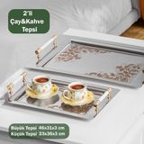 Porsima Yüzük 2li Paslanmaz Çelik Gümüş Kahve Tepsisi Gold Beyaz Desenli Dekoratif Servis Sunum Tepsisi