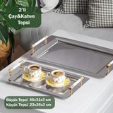 Porsima Yüzük 2Li Paslanmaz Çelik Gümüş Kahve Tepsisi Gold Beyaz Detaylı Dekoratif Servis Sunum Tepsisi