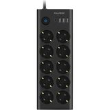 Port Girişli Akım Korumalı 10'lu Priz, 3 Usb, 1 Type-C Giriş, Isıya Dayanıklı, Ftr-14 Grup Priz, Çoklu Uzatma Kablo (Siyah)