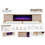 Porto Elektrikli Şömineli Tv Ünitesi 180 Cm Kumsal Bej Gold Metal Ayaklı Modern Tv Sehpası