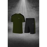 Poseidon Storm Büyük Beden Erkek Haki Dri-Fit Kumaş Yürüyüş ve Koşu Için Konforlu Cepli Sıfır Yaka Tişört Şort Ikili Alt Üst Seti 4XL-10XL - 4 XL