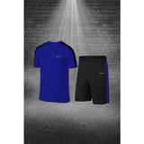 Poseidon Storm Büyük Beden Erkek Mavi Dri-Fit Kumaş Antrenman ve Koşu Için Konforlu Cepli Kısa Kol Tişört Şort Ikili Takım 4XL-10XL - 5XL