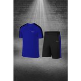 Poseidon Storm Büyük Beden Erkek Mavi Dri-Fit Kumaş Antrenman ve Koşu Için Konforlu Cepli Kısa Kol Tişört Şort Ikili Takım 4XL-10XL - 6XL