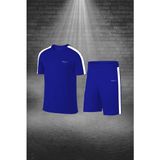 Poseidon Storm Büyük Beden Erkek Mavi Dri-Fit Kumaş Yürüyüş ve Koşu Için Konforlu Cepli Sıfır Yaka Tişört Şort Ikili Alt Üst Seti 4XL-10XL - 4 XL