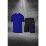 Poseidon Storm Erkek Mavi Dri-Fit Kumaş Yürüyüş ve Koşu Için Konforlu Cepli Kısa Kol Tişört Şort Ikili Takım (S-3xl)