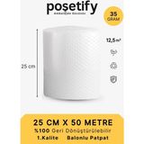Poşetify 25 cm x 50 m Balonlu Naylon Patpat | 1. sınıf | 3 Katlı | 12,5 m2 | 35 gr/m² | Kalın Paketleme Rulosu - Şeffaf - 25x50