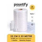 POŞETİFY 33 cm x 33 m Balonlu Naylon Patpat | 1.Sınıf | 3 Katlı | 10,9m2 | 35 gr/m² | Kalın Paketleme Rulosu