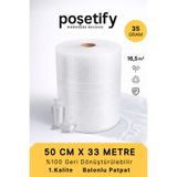 POŞETİFY 33 cm x 50 m Balonlu Naylon Patpat | 1.Sınıf | 3 Katlı | 16,5m2 | 35 gr/m² | Kalın Paketleme Rulosu