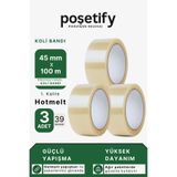 POŞETİFY 45 mm x 100 Metre Hotmelt Koli Bandı | 1. Kalite | 3 Adet | Güçlü Şeffaf Paketleme Bandı