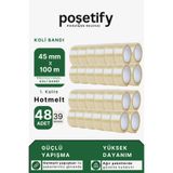 POŞETİFY 45 mm x 100 Metre Hotmelt Koli Bandı | 1. Kalite | Güçlü Şeffaf Paketleme Bandı | 48 Adet