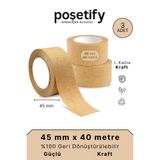 POŞETİFY 45 mm x 40 Metre Kraft Koli Bandı | 3 Adet | Yapışkanlı Doğal Kağıt Dayanıklı Paketleme Bandı