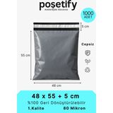 Poşetify Cepsiz Kargo Poşeti | 48x55x5 cm | 1000 Adet | Gri | 80 Mikron | Büyük Boy | Kalın | İç Göstermez - Çift Yönlü