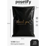 Poşetify Premium Renkli Kargo Poşeti 30X38X6 cm | 25 Adet | Thank You Baskılı | Siyah | Iç Göstermez