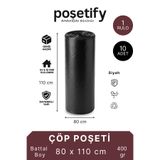 POŞETİFY Siyah Kalın Rulo Çöp Torbası 80x110 Cm | 1 Rulo 10 Adet | 400 Gr | Büyük Boy Dayanıklı Çöp Poşeti