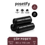 POŞETİFY Siyah Kalın Rulo Çöp Torbası 80x110 Cm | 3 Rulo 30 Adet | 400 Gr | Büyük Boy Dayanıklı Çöp Poşeti
