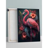 Postermanya Flamingo ve Çiçekler Hayvan Kanvas Tablo - 50 x 70 - Krem