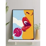 Postermanya Lip Kiss, Dudak ve Lolipop Şeker Pop Art Çerçeveli Tablo - Çerçeveli Poster, Sanatsal Dekorasyon