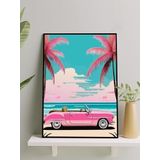 Postermanya Pink Paradise, Tropikal Pembe Araba Dijital Sanat Deniz Manzaralı Çerçeveli Tablo - Çerçeveli Poster
