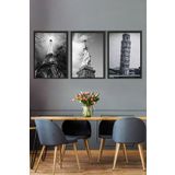 Postermanya (pster14890) Ünlü Yapılar Manzara Eyfel, Özgürlük Heykeli, Pisa Kulesi 3 Parçalı Çerçeve Seti 30 x 40