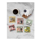 Postermanya (pster21246) Vintage Retro Coffee Standlı Ahşap Bardak Altlığı Seti, 6 Adet Baskılı Bardak Fincan Kahve Altlığı