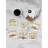 Postermanya (pster21269) Kahve Coffee Motto Standlı Ahşap Bardak Altlığı Seti, 6 Adet Baskılı Bardak Fincan Kahve Altlığı