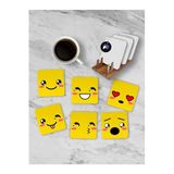 Postermanya (pster21282) Emoji Yüzler Standlı Ahşap Bardak Altlığı Seti, 6 Adet Baskılı Bardak Fincan Kahve Altlığı