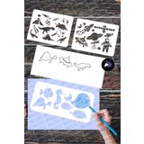 Postermanya Uzay, Hayvanlar, Dinozorlar Çizim Şablonu Seti, 3 Adet Çizim Cetveli, Stencil Çocuk Boyama Şablonu
