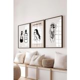 Postifull Çerçeveli Tablo Seti, 3 Adet Siyah Çerçeve Ve Minimalist Çizim Temalı Poster Seti, No:300520;10 X 15 Siyah