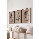 Postifull Çerçeveli Tablo Seti, 3 Adet Siyah Çerçeve Ve Minimalist Çizim Temalı Poster Seti, No:300595;13 X 18 Siyah