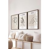 Postifull Çerçeveli Tablo Seti, 3 Adet Siyah Çerçeve Ve Minimalist Çizim Temalı Poster Seti, No:300608;50 X 70 Siyah