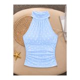 poswicon Bebe mavisi puantiyeli Halter Yaka Büzgülü Drapeli Şık crop Bluz