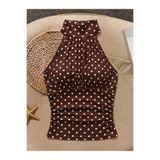 poswicon Kahverengi puantiyeli Halter Yaka Büzgülü Drapeli Şık crop Bluz