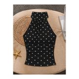 poswicon siyah puantiyeli Halter Yaka Büzgülü Drapeli Şık crop Bluz