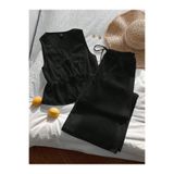 poswicon siyah yelek iki önden bağlama detaklı crop geniş paça pantolon alt üst takım
