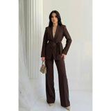 Potenza Kadın Ceket Pantolon Takım Kuşaklı Düğmeli Blazer Ceket Bol Paça Yüksek Bel Pantolon Takım Elbise