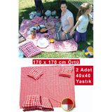 Pötikare Kırmızı Piknik Örtüsü 170*170 Ve 2 Adet Piknik Minderi 40x40 Cm Piknik Seti
