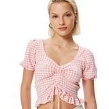 Pötikareli Peplum Tişört Crop Fiyonk Detaylı Fırfırlı Slim Fit