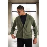 Potter Dokulu Selanik Kumaş Oversize Basic 3 Düğmeli Erkek Hırka - Avcı Yeşili