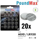 POUNDY 20 x PoundMax AG10 Düğme Hücresi LR1130 1,5V, Alkalin Pil