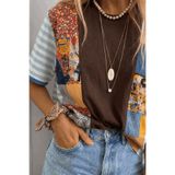 poupee Kadın Bluz, Kadın T-shirt, Kadın Oversize Patchwork Tişört Renkli Desenli Sanat Baskılı Tshirt Kahverengi