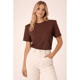 Poupee Kahverengi T-Shirt, Vatkalı Kadın T-Shirt, Kahverengi Bluz, Penye Kahverengi Bluz - M
