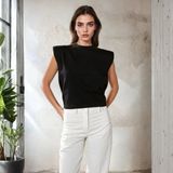 poupee Siyah Vatkalı Kolsuz Penye Kadın Bluz, Kolsuz T-shirt, Kadın T-shirt, Vatkalı T-shirt, Örme T-shirt