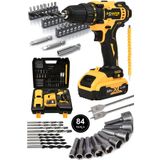 POWER BLACK 58 Vf 5 Ah Metal Şanzıman Çift Akülü Şarjlı Matkap 84 Parça Akülü Vidalama Set SARI