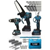 POWER BLACK GERMANYPROFESYONEL 2Akülü3LÜ SET Şarjlı Dal Ağaç Kesme Testere + Bağ Budama Makası + Akülü Vidalama